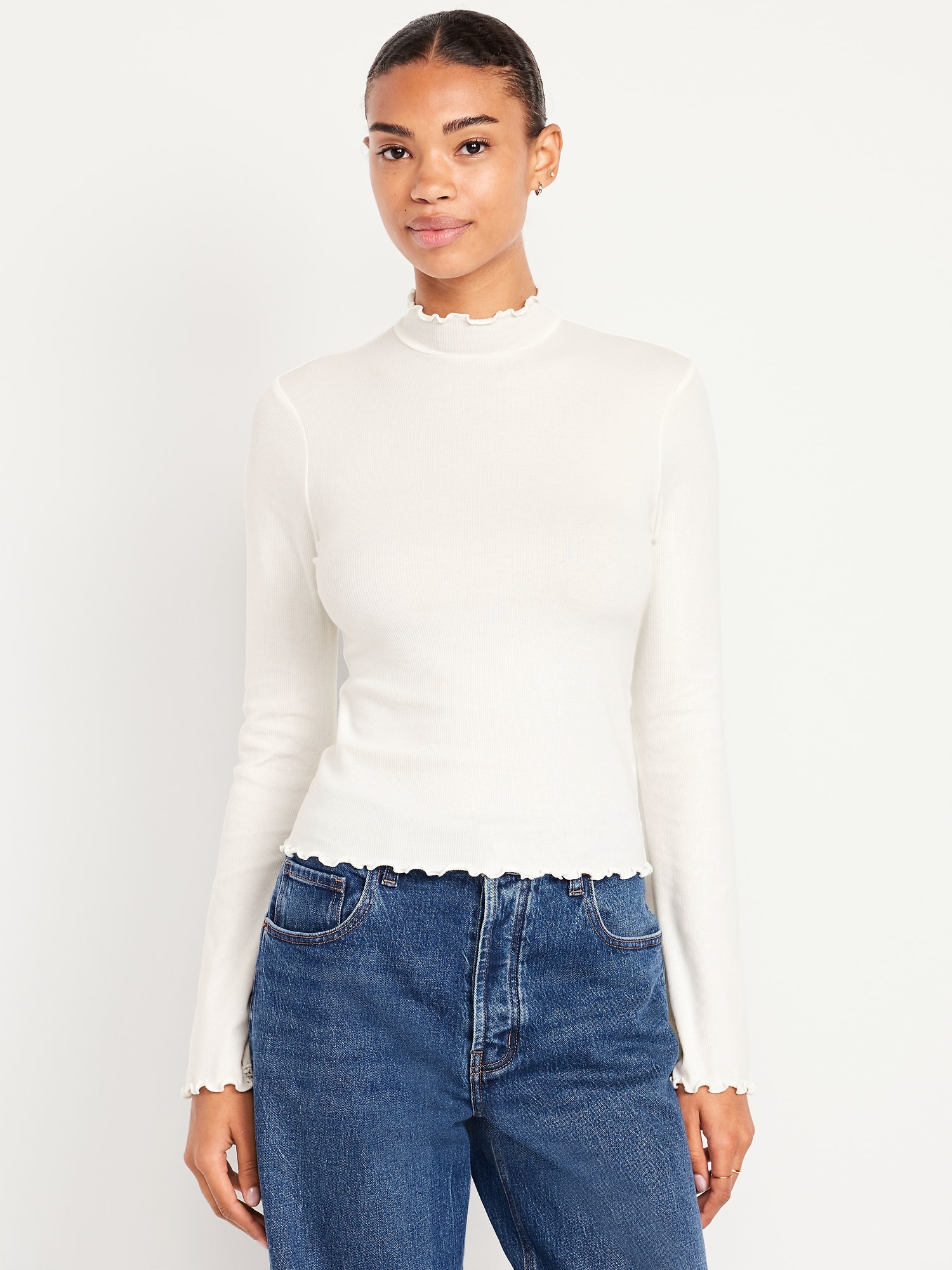 Mock-Neck Lettuce-Edge Rib Top