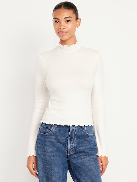 Mock-Neck Lettuce-Edge Rib Top