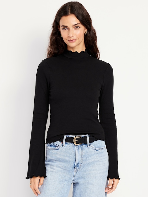 Mock-Neck Lettuce-Edge Rib Top