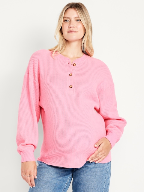 Maternity Oversized Cozy Waffle Henley Top