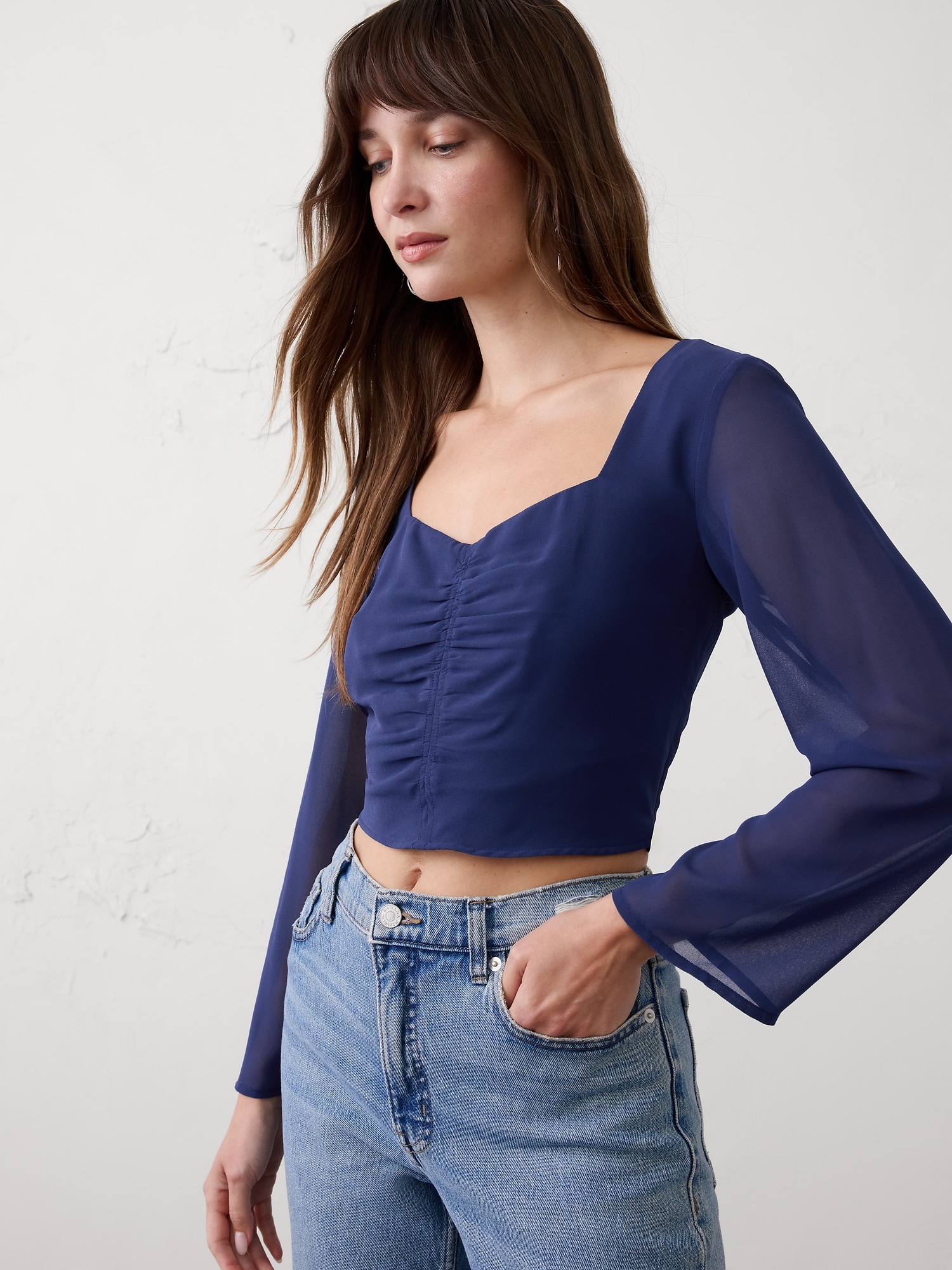 Cropped Shirred Sweetheart-Neck Top