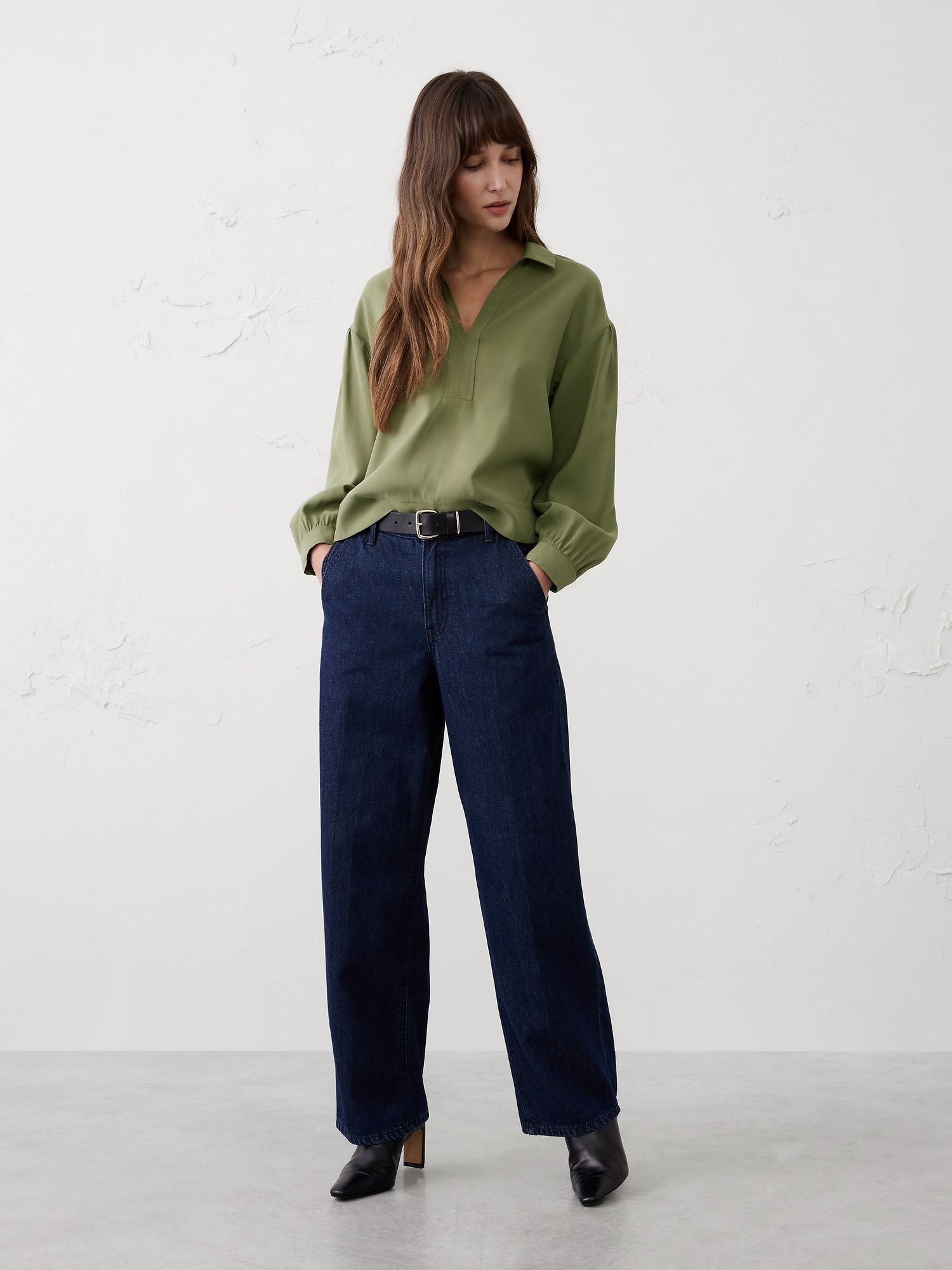 Johnny-Collar Twill Popover Top