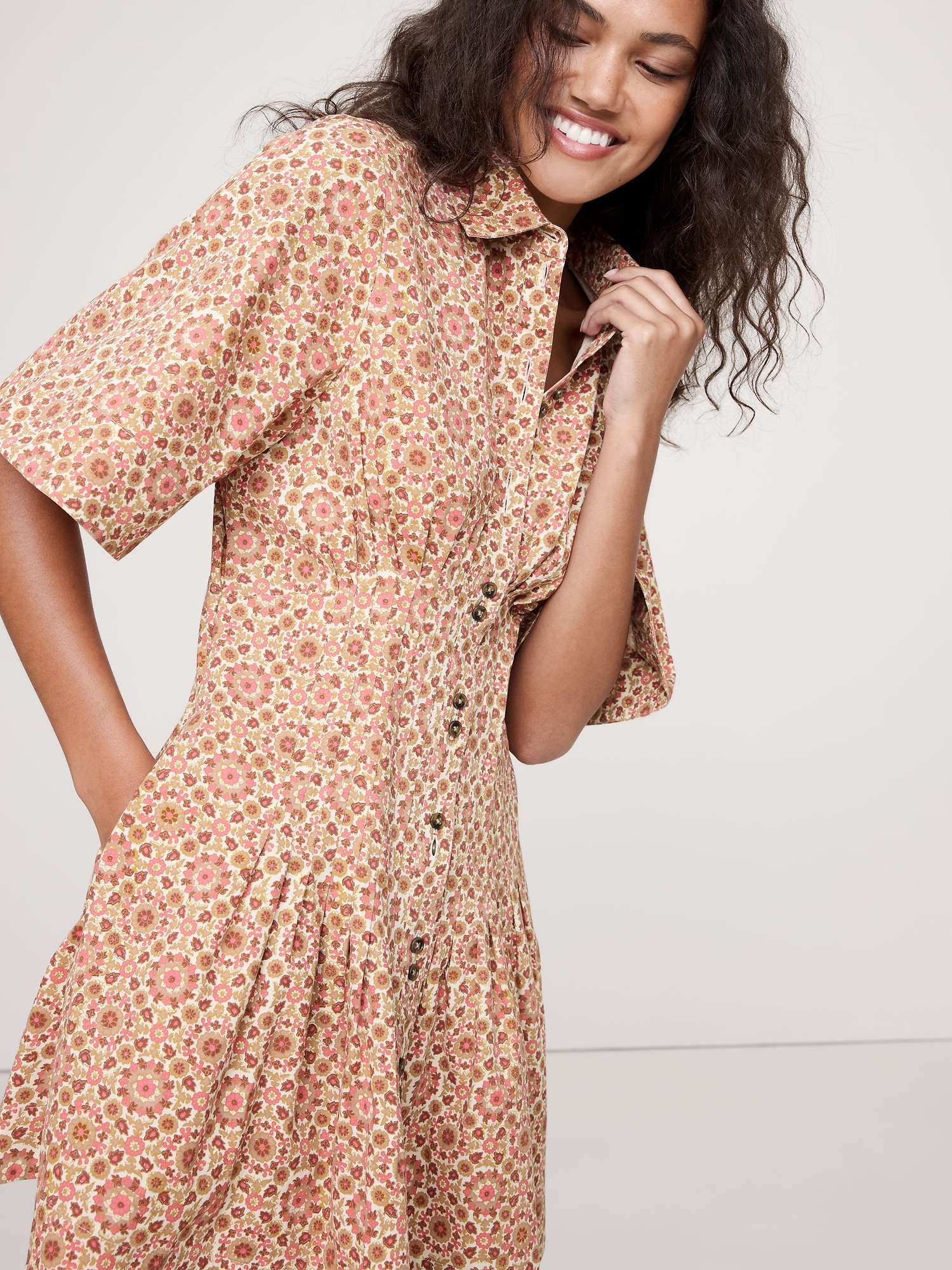 Stretch-Cotton Poplin Pintuck Shirt Dress