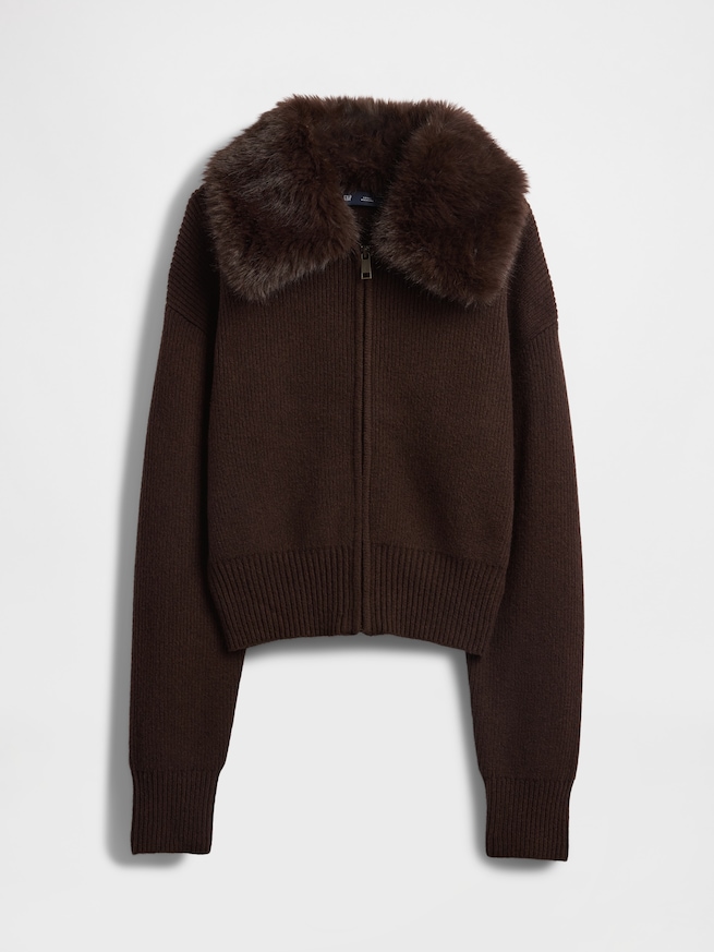 CashSoft カシミヤタッチ フェイクファー カラージップアップ カーディガン-4