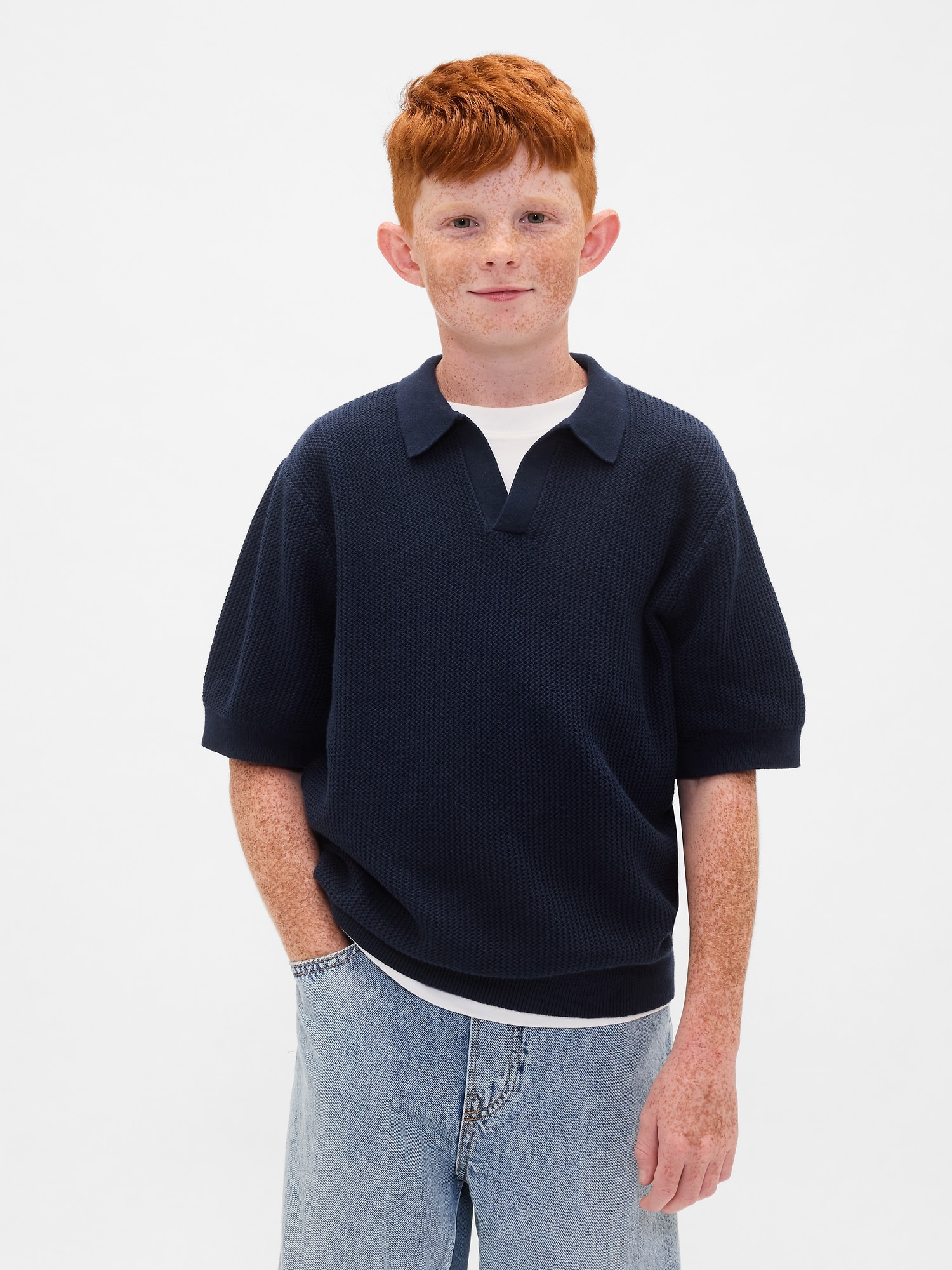 Kids Johnny-Collar Waffle Shirt