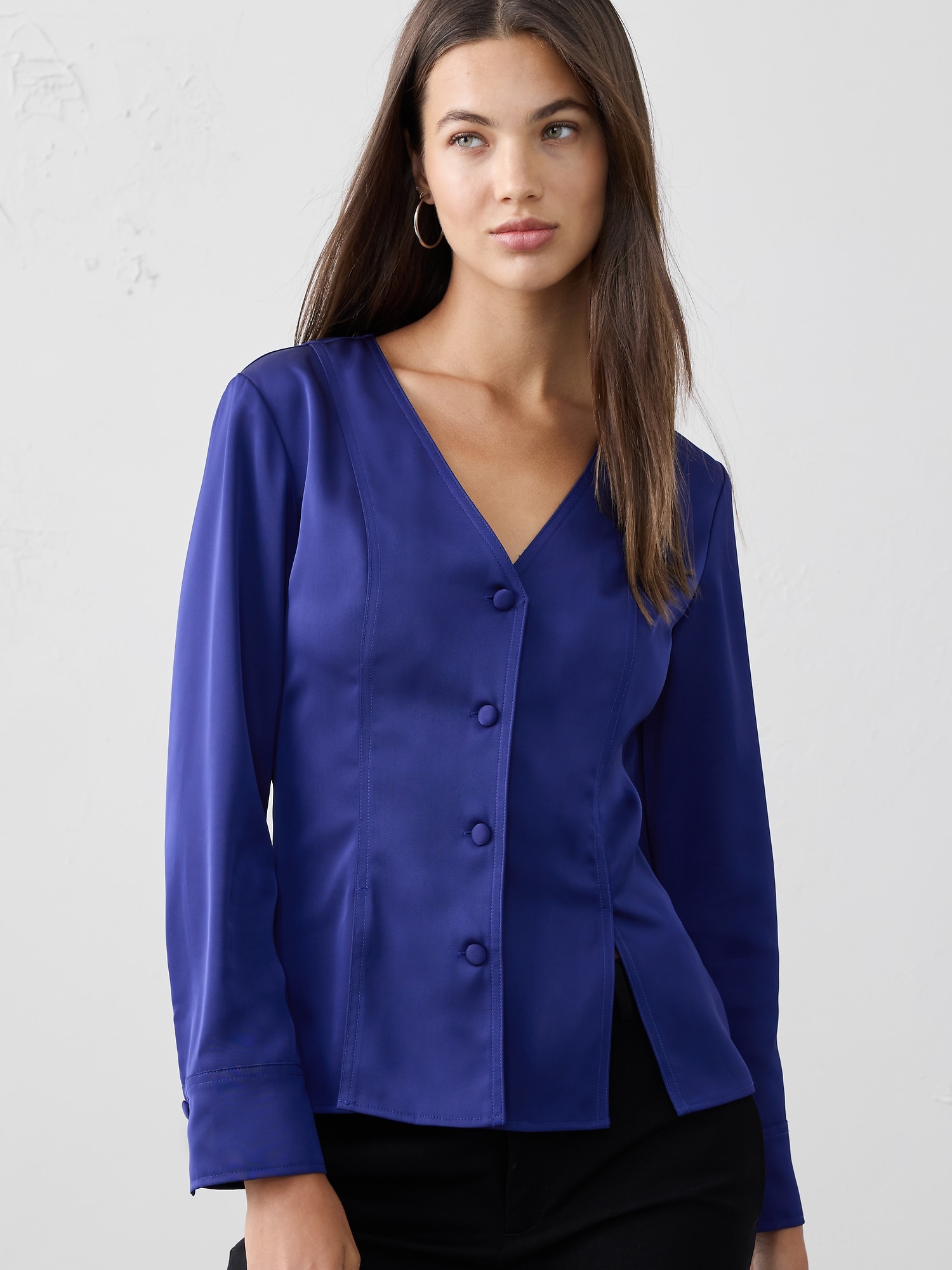 Silky Seamed Slit Blouse