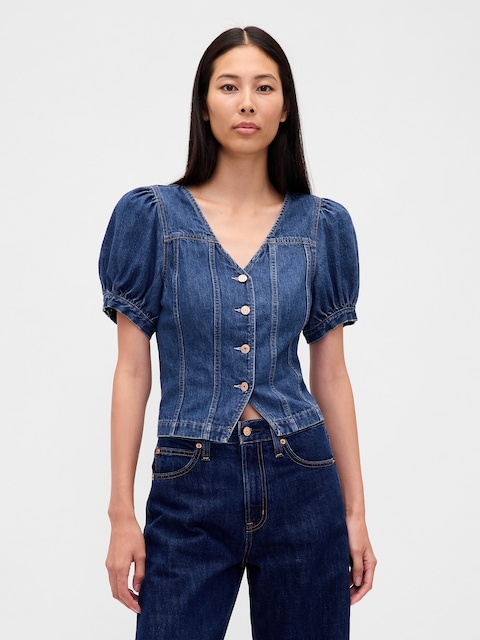 HAUT À MANCHES BOUFFANTES ET SURPIQÛRES EN DENIM