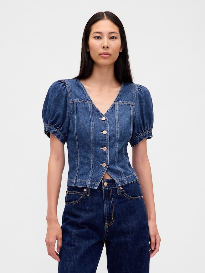 デニム パフスリーブ シーム トップス-0