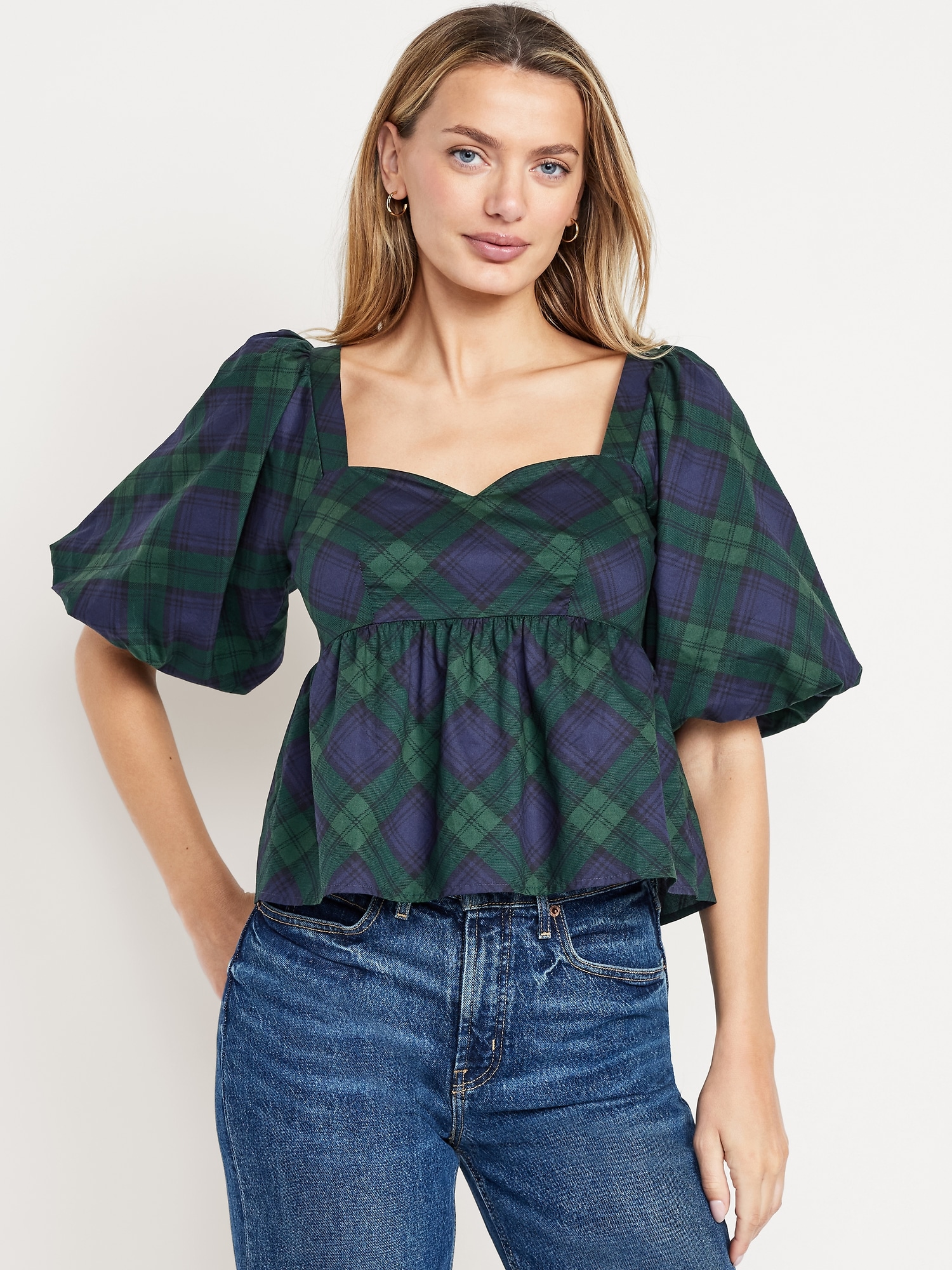 Puff-Sleeve Plaid Poplin Peplum Top