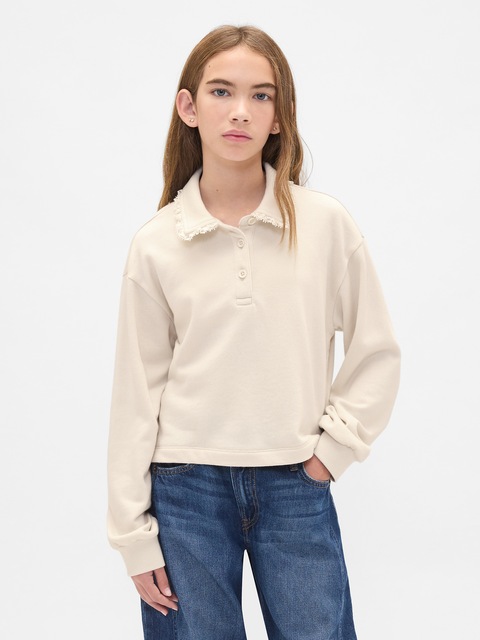 CHANDAIL EN COTON OUATÉ À COL POLO AVEC BORDURE EN DENTELLE POUR ENFANT