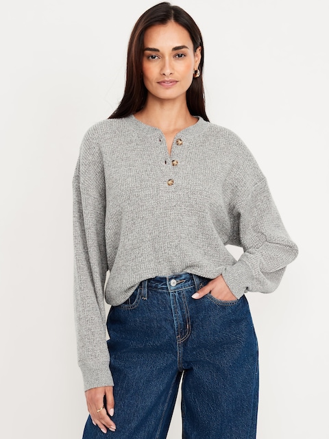 Oversized Cozy Waffle Henley Top