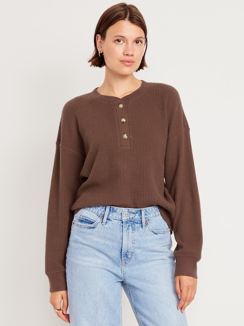 Oversized Cozy Waffle Henley Top