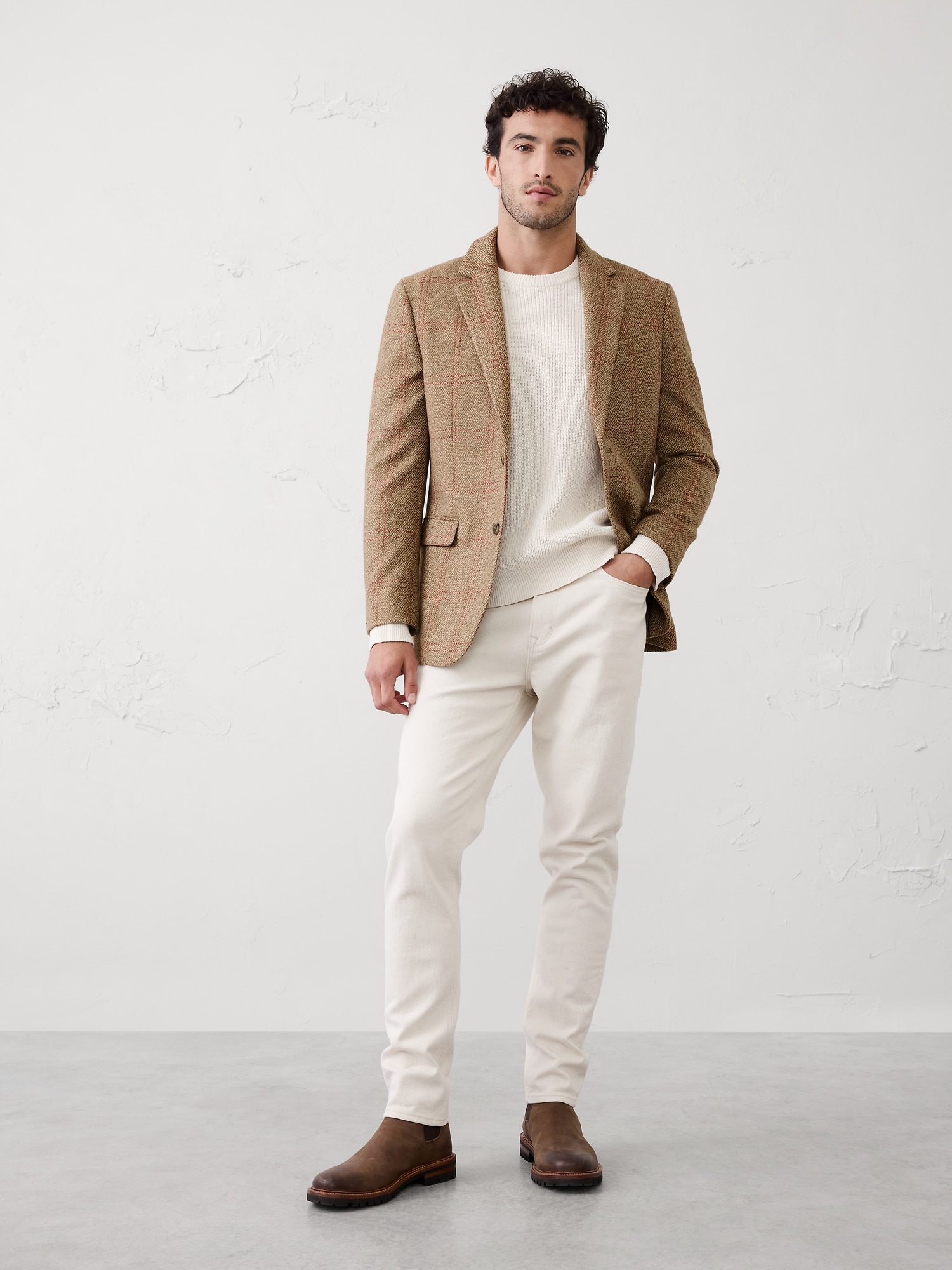 Tailored-Fit Wool-Blend Windowpane Jacket