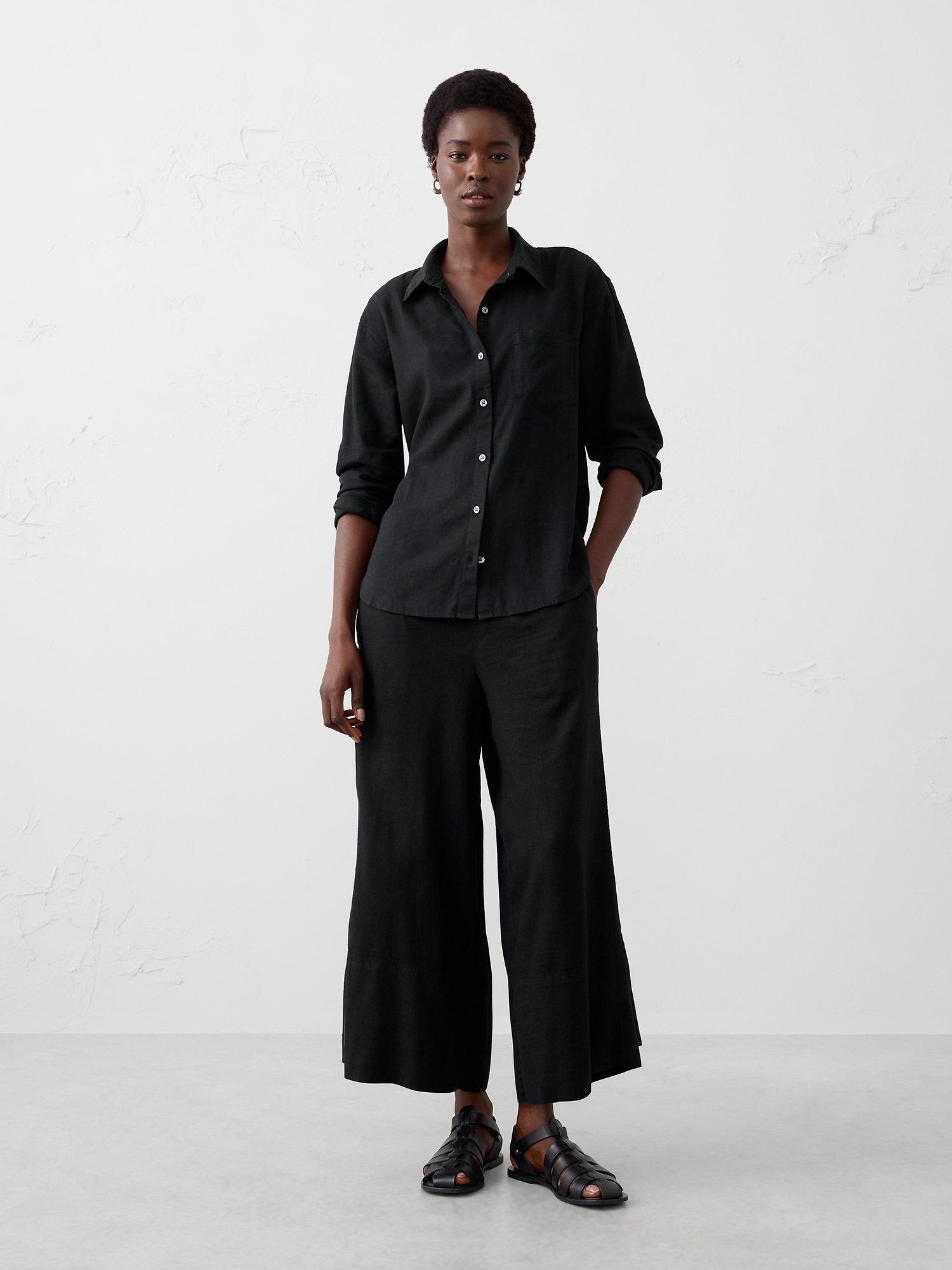 Wide-Leg High-Rise Linen-Blend Pull-On Cropped Pant