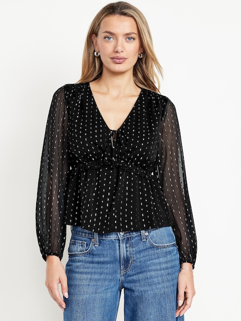 HAUT À POIS TEXTURÉS, À TAILLE DÉFINIE ET À BORDURE À VOLANTS