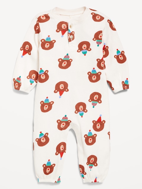 Printed Long-Sleeve Henley Waffle-Knit One-Piece for Baby