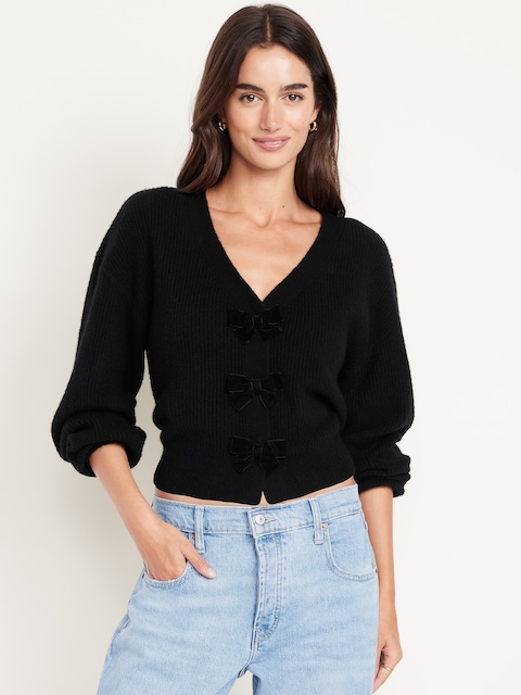 SoSoft V-Neck Bow-Front Cardigan Sweater