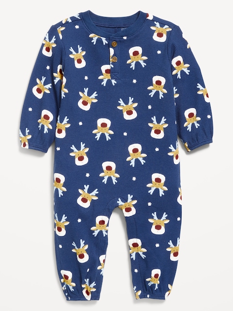 Printed Long-Sleeve Henley Waffle-Knit One-Piece for Baby