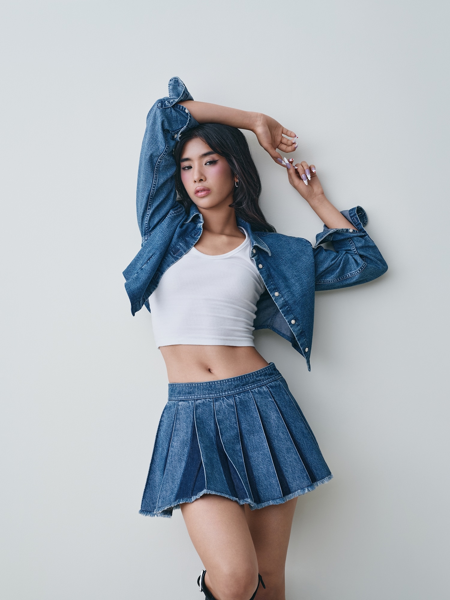 プリーツ デニム ミニスカート-6