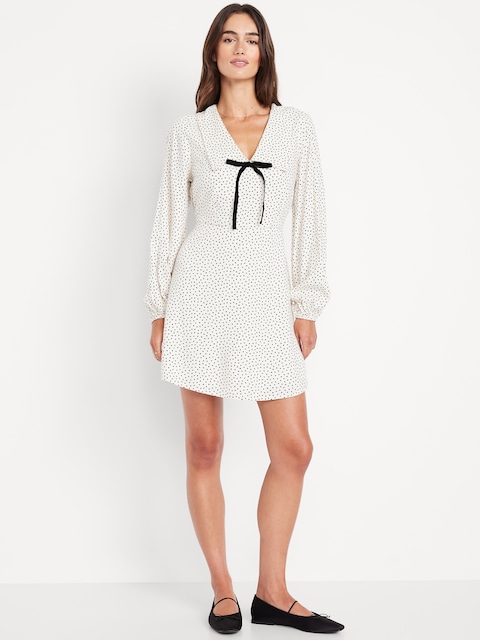 Fit & Flare Long-Sleeve Crepe Mini Dress