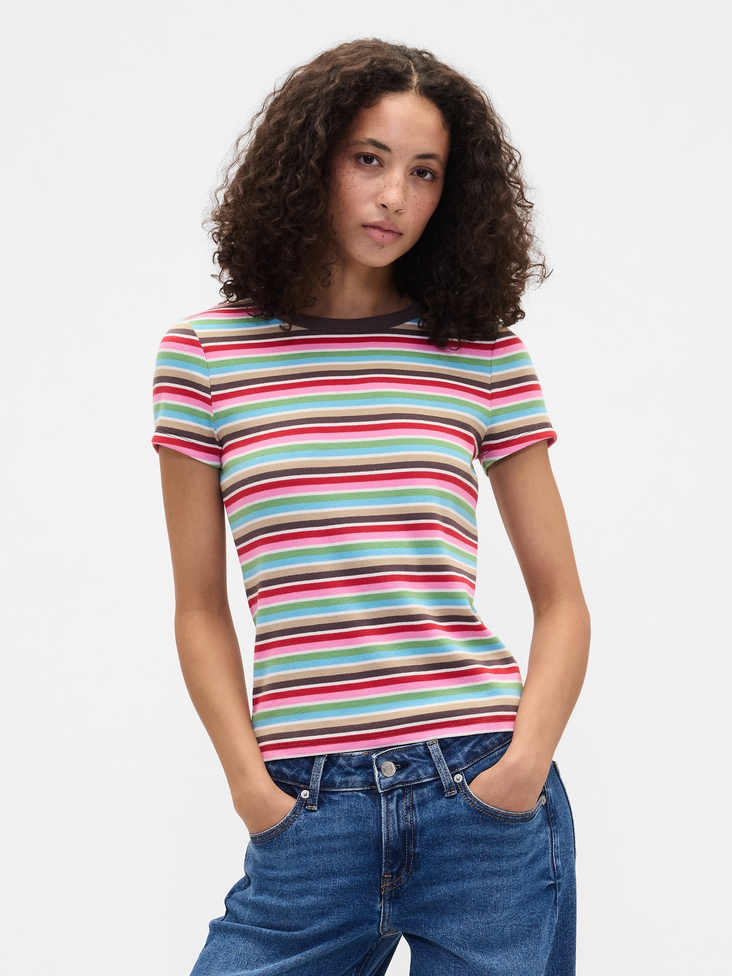 Ribbed Stripe Crewneck T-Shirt