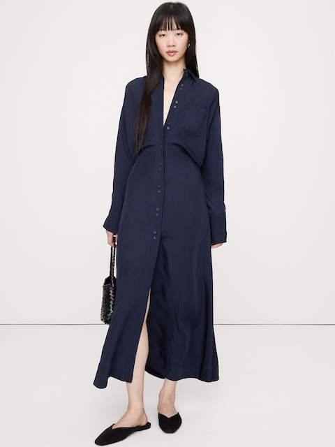 ROBE CHEMISE EN SERGÉ DRAPÉ À TAILLE CINTRÉE