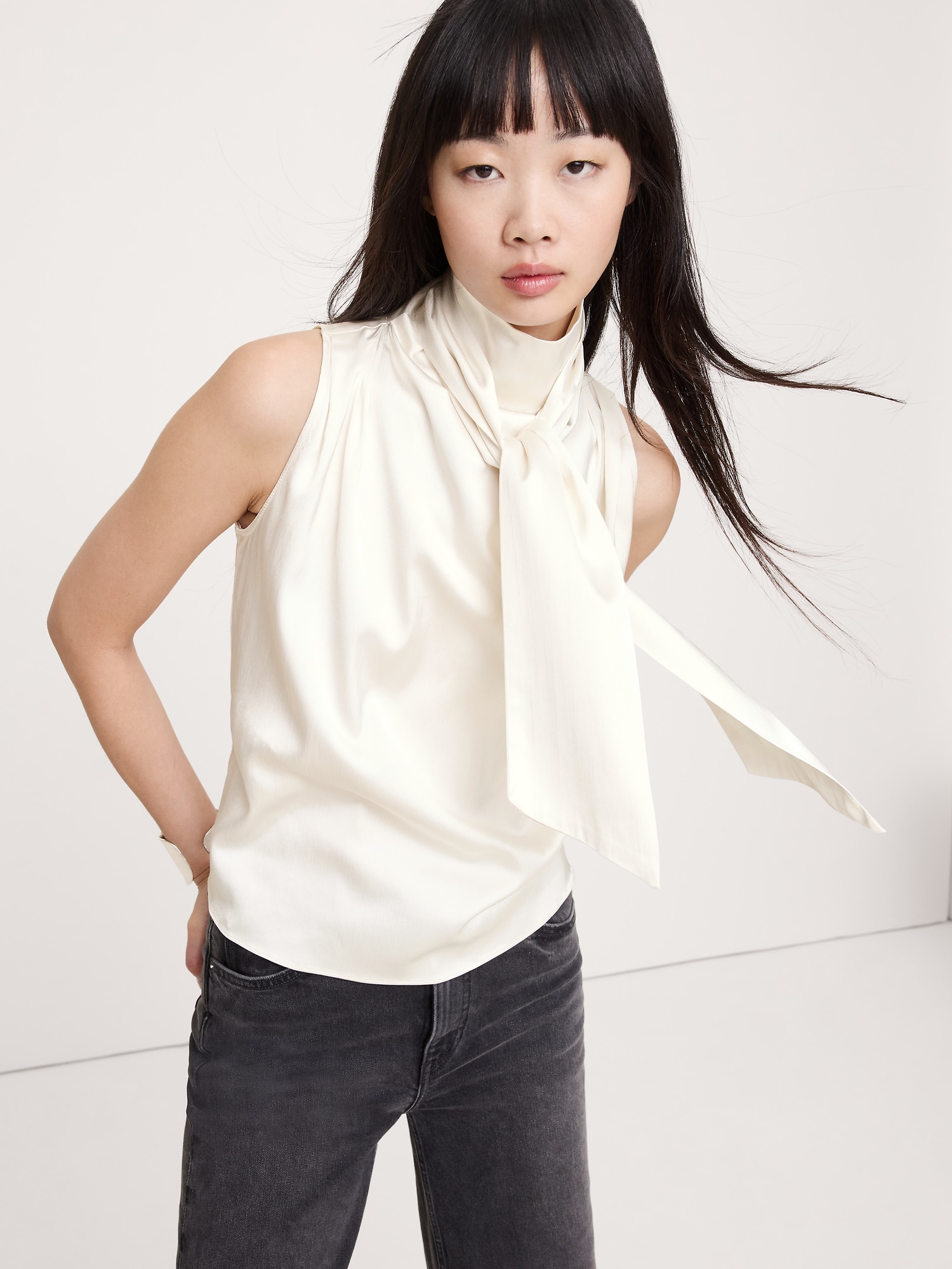 Stretch-Satin Tie-Neck Top