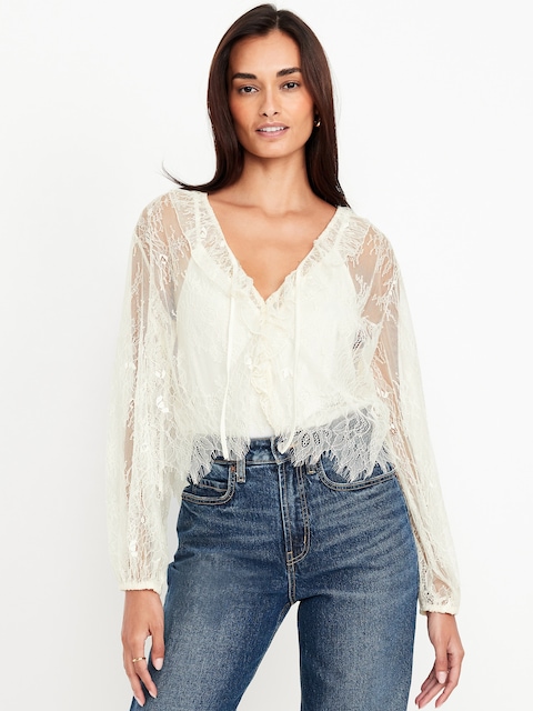 Long-Sleeve Lace V-Neck Lined Top