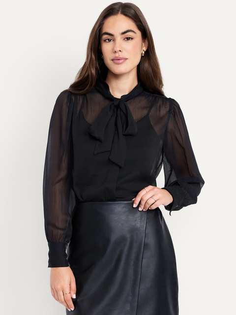 Long-Sleeve Tie-Neck Chiffon Top