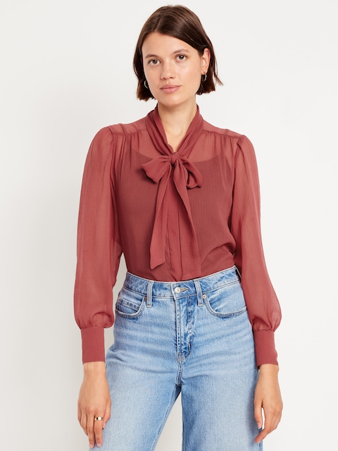 Long-Sleeve Tie-Neck Chiffon Top