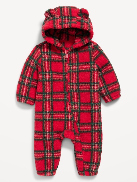 Hooded Plaid Critter Sherpa One-Piece for Baby