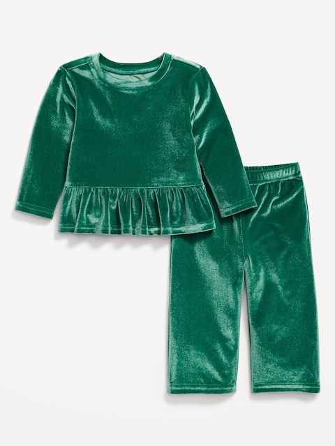 Cozy Velour Peplum Top and Pants Set for Baby