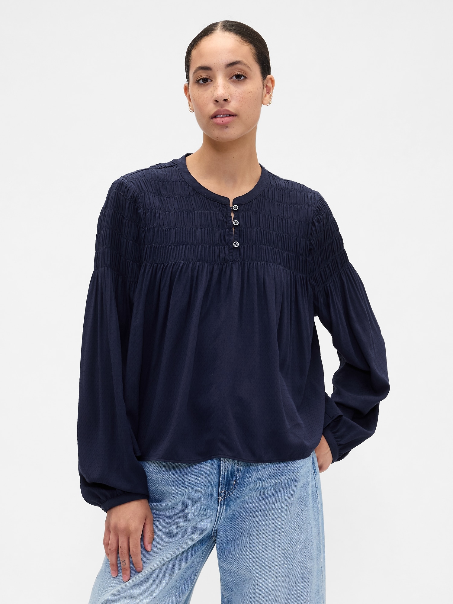 Relaxed Smocked Balloon-Sleeve Top