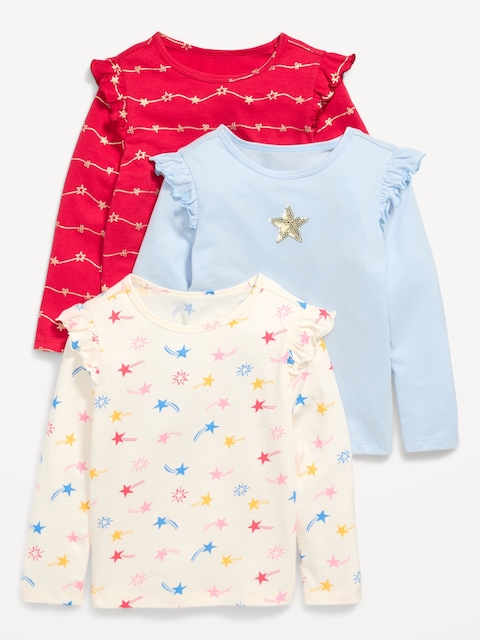 Long-Sleeve Ruffle-Shoulder T-Shirt 3-Pack for Toddler Girls