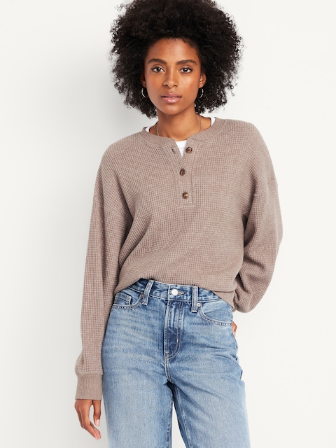 Oversized Cozy Waffle Henley Top