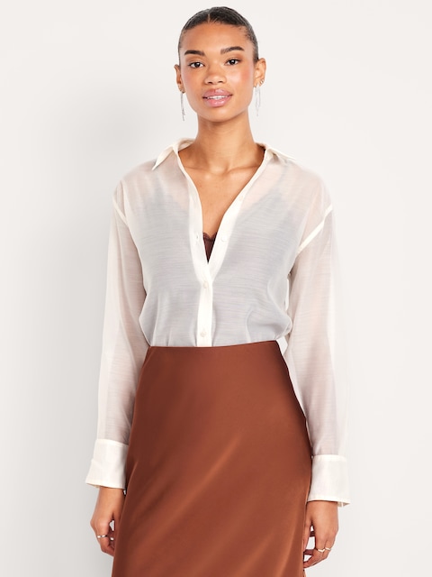 Loose Button-Down Organza Tunic Shirt