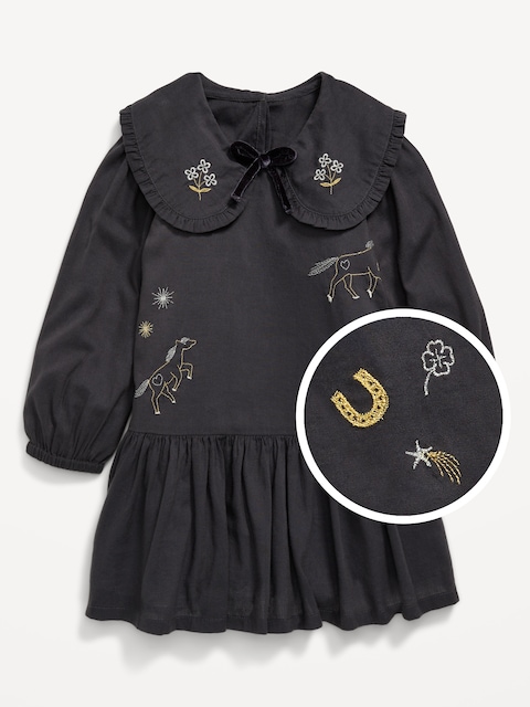 Long-Sleeve Embroidered Collared Dress for Toddler Girls