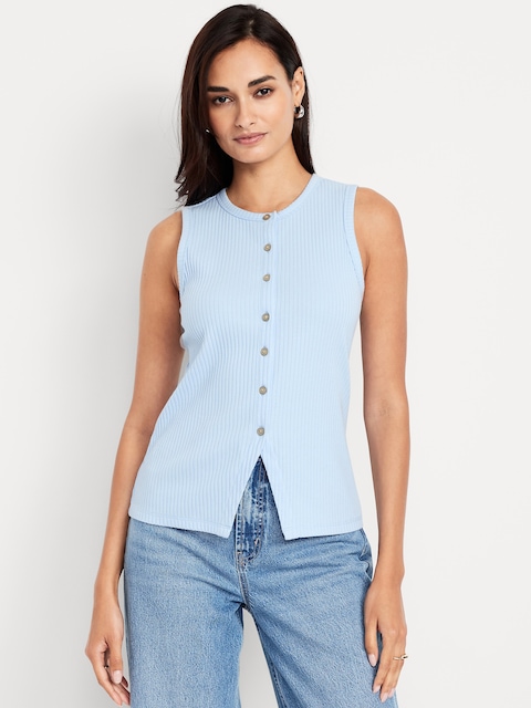 Sleeveless Button-Down Ribbed Top
