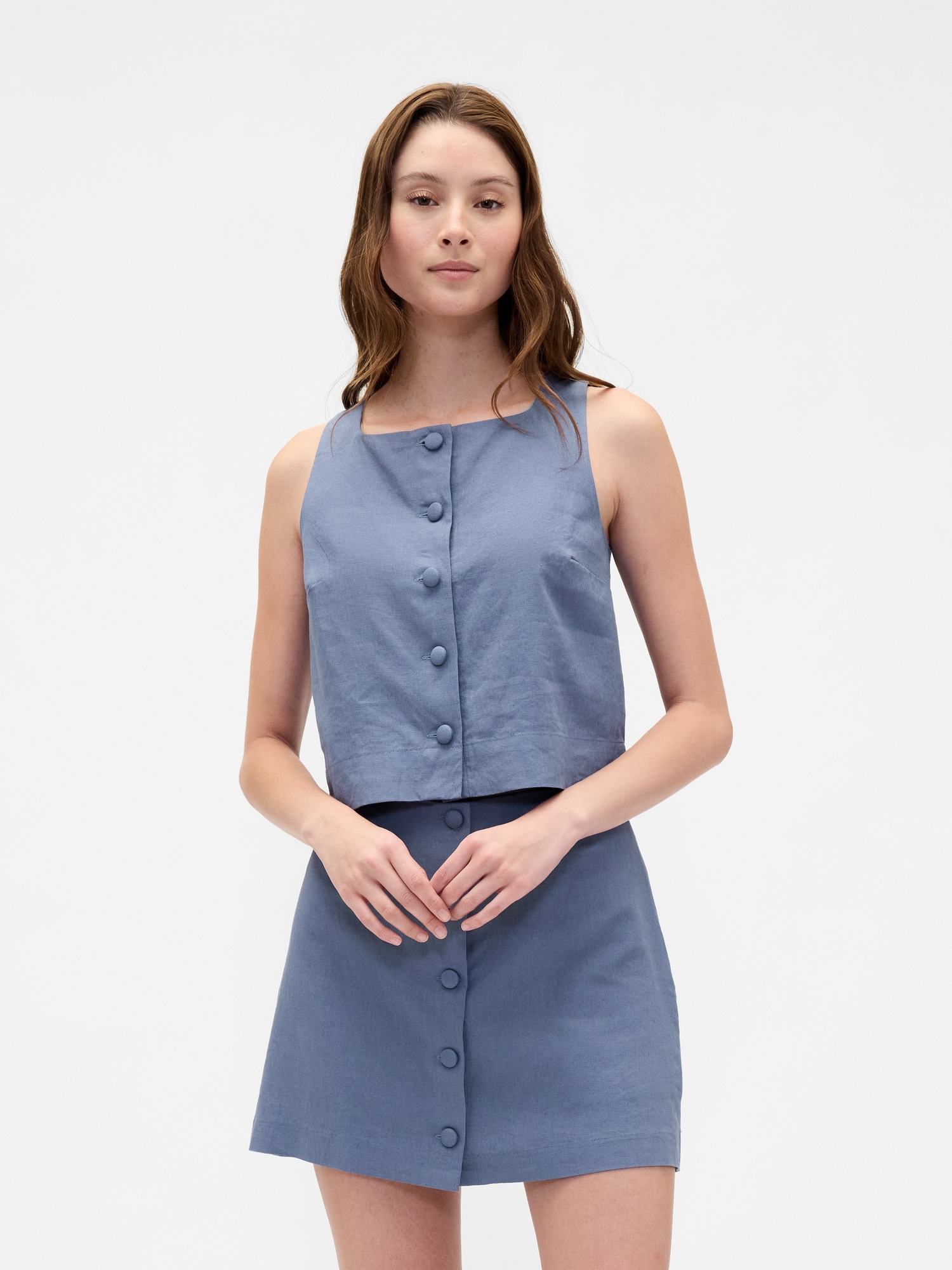 Linen-Blend Button-Front Shell Top
