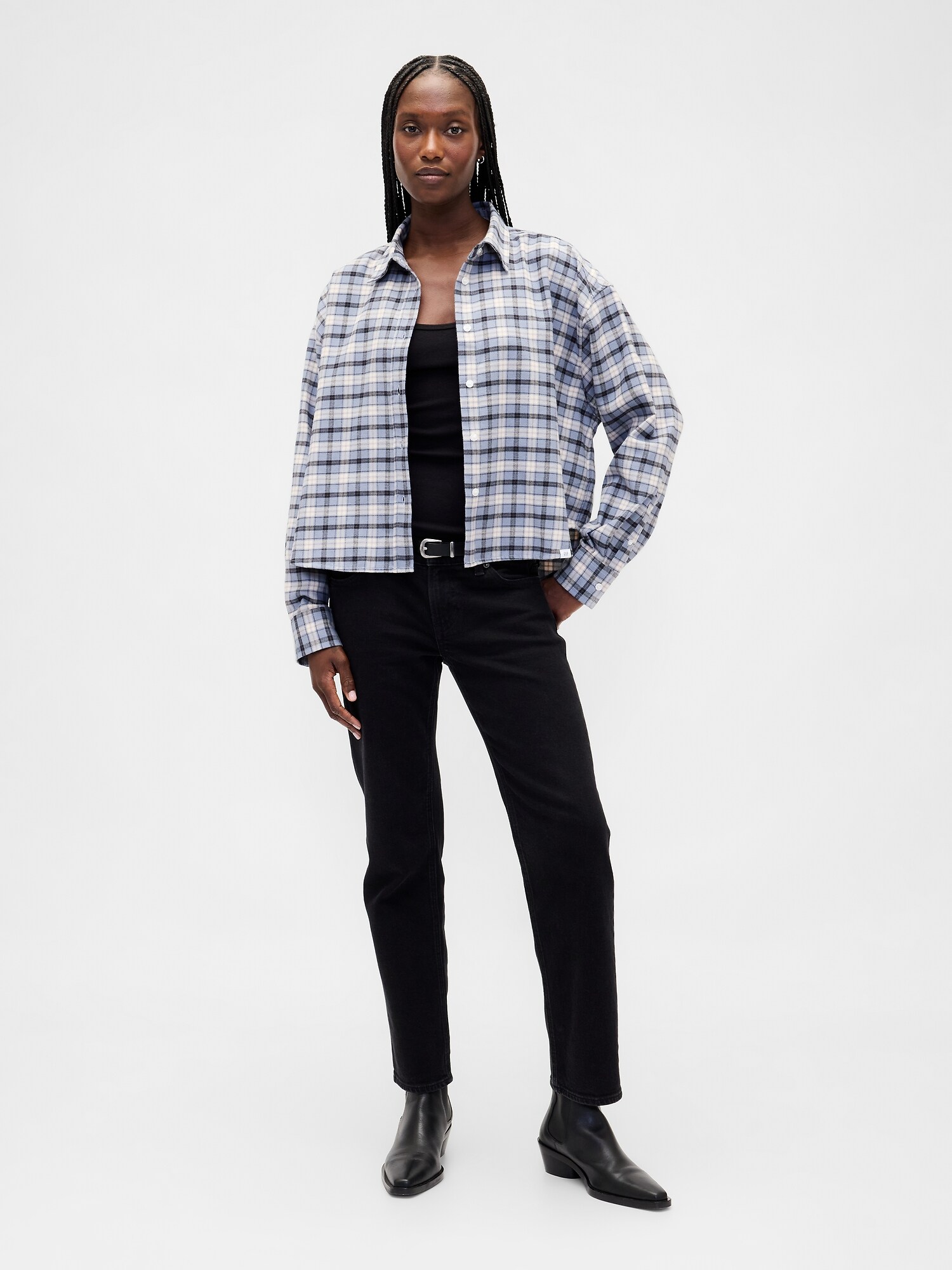 フランネル ストレートヘム クロップドシャツ-1