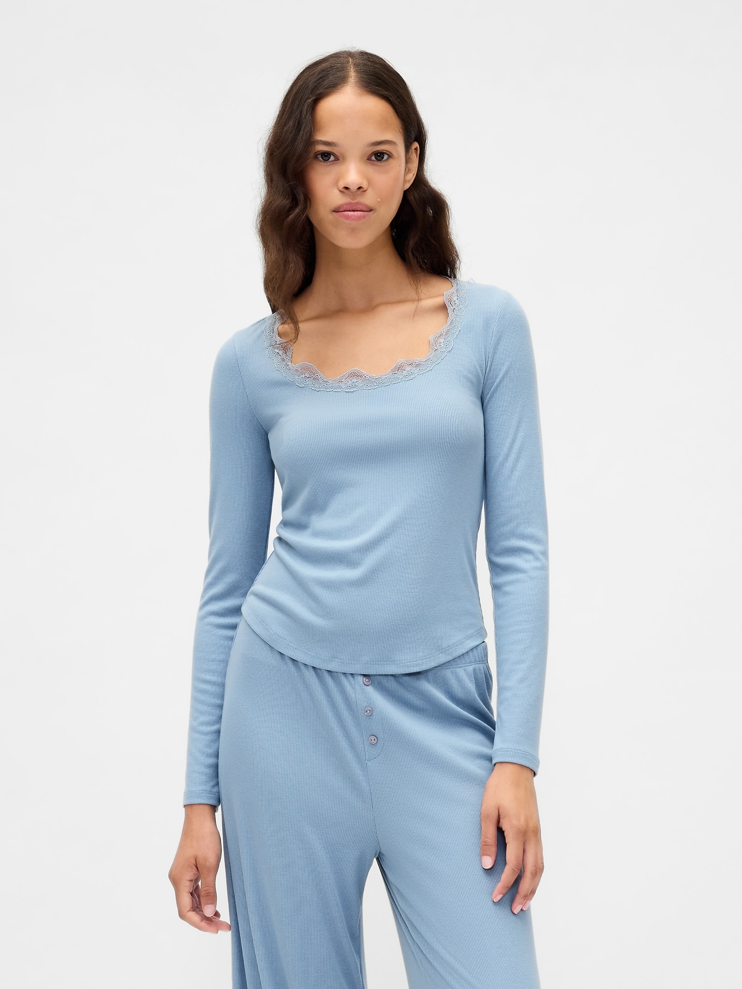 HAUT DE PYJAMA FINEMENT CÔTELÉ À DENTELLE - Ciel De La Nouvelle