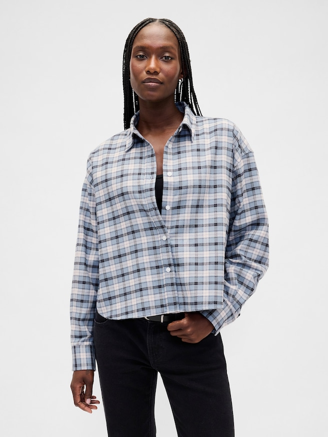 フランネル ストレートヘム クロップドシャツ-0