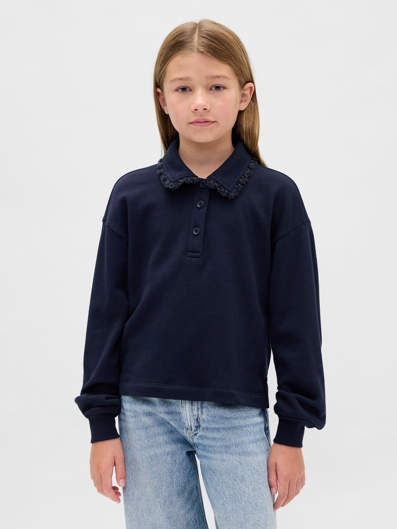 Kids French Terry Lace-Trim Polo Sweatshirt