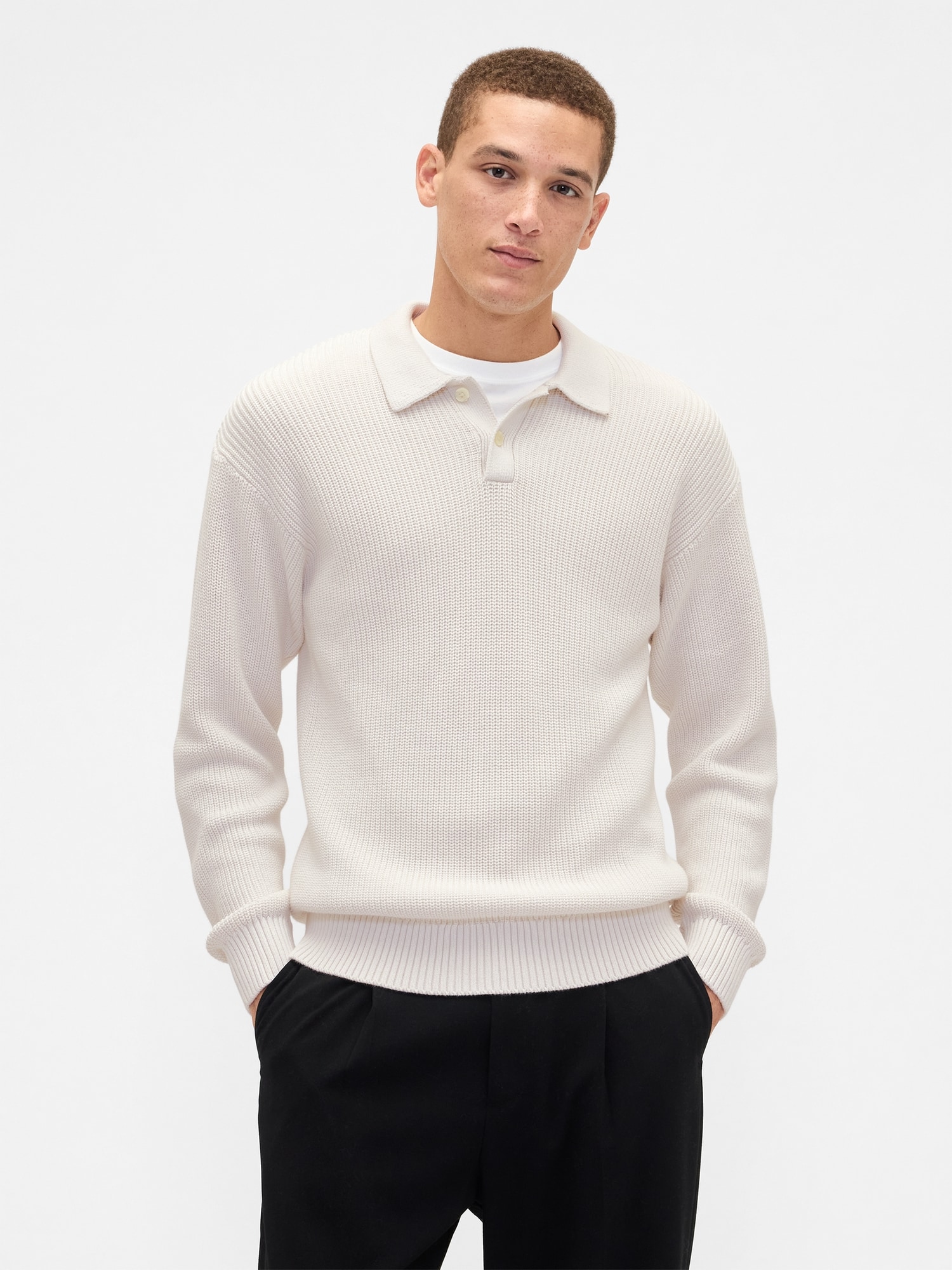 Relaxed Ribbed Sweater Polo Shirt