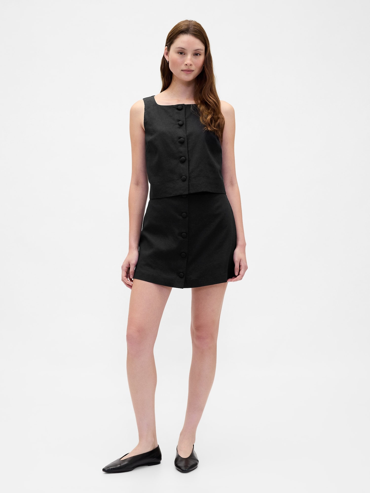 Linen-Blend Button-Front Mini Skort