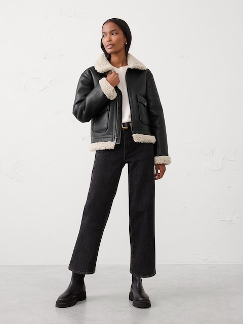 Faux Shearling Vegan Leather Bomber Jacket