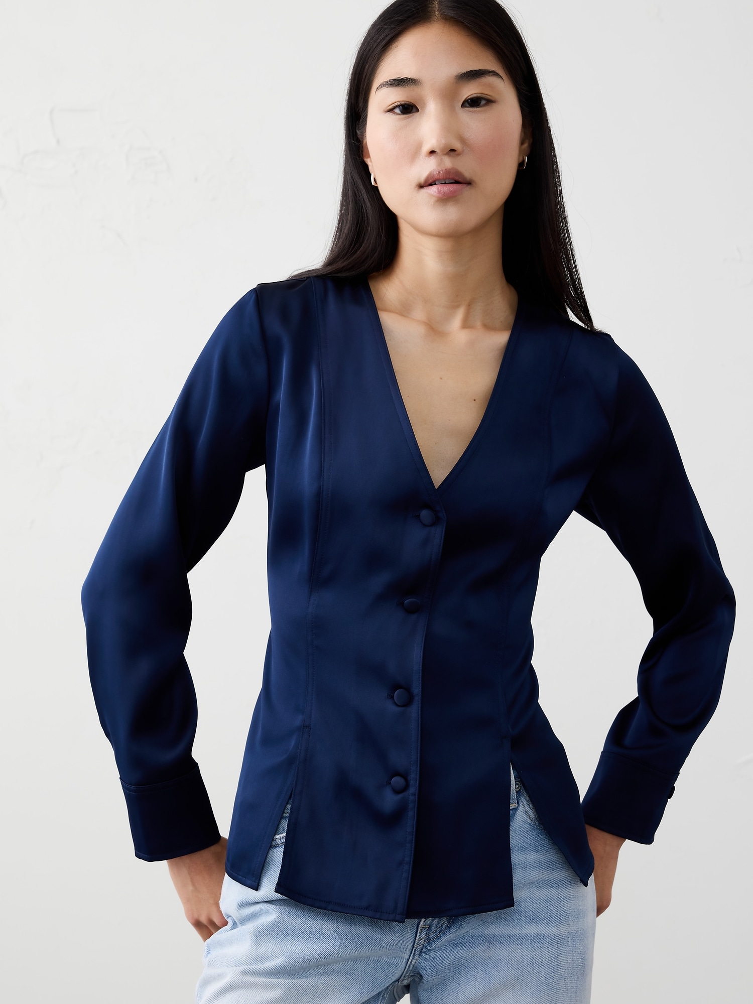 Silky Seamed Slit Blouse