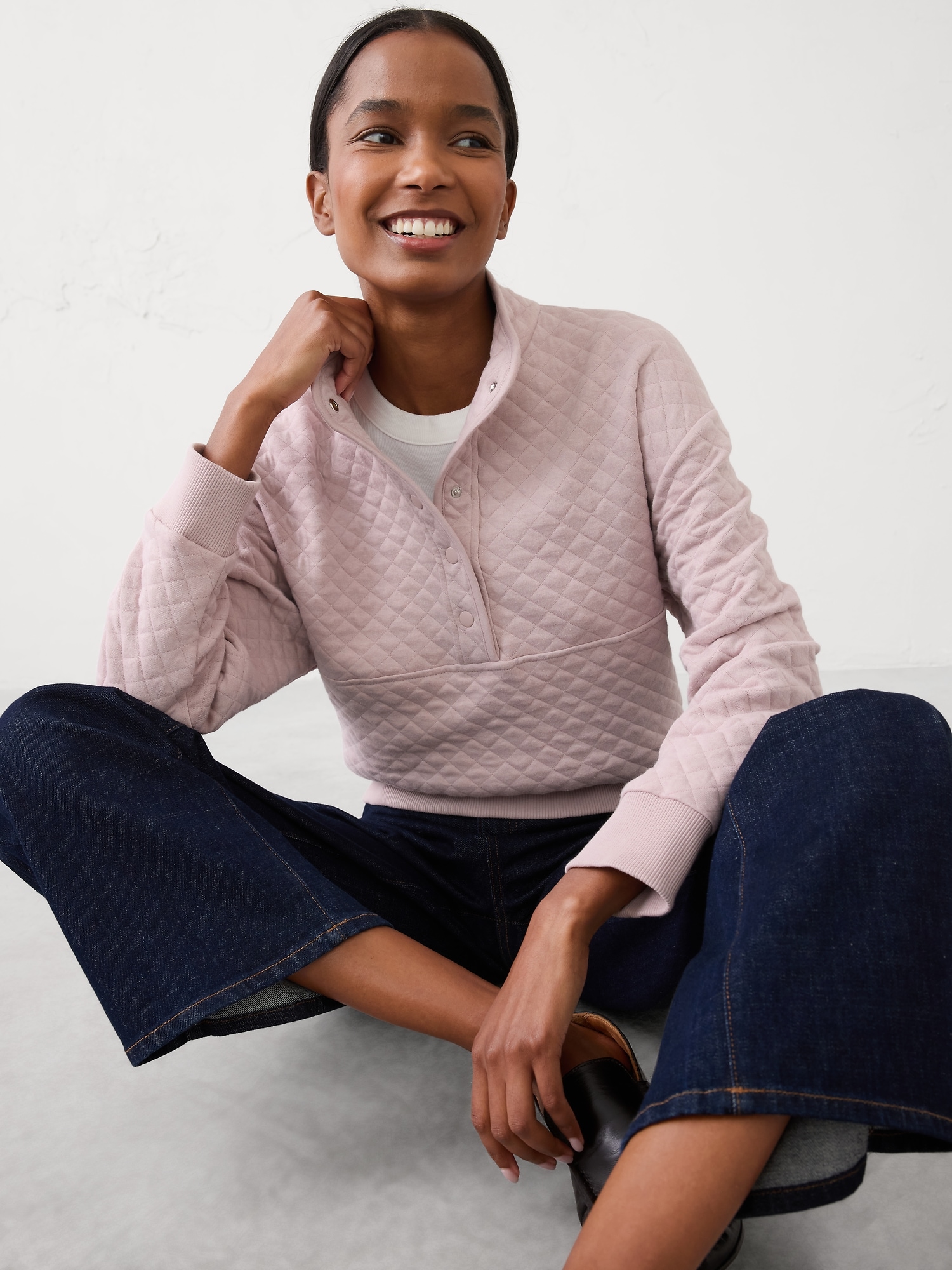 Snap-Collar Quilted Sweatshirt