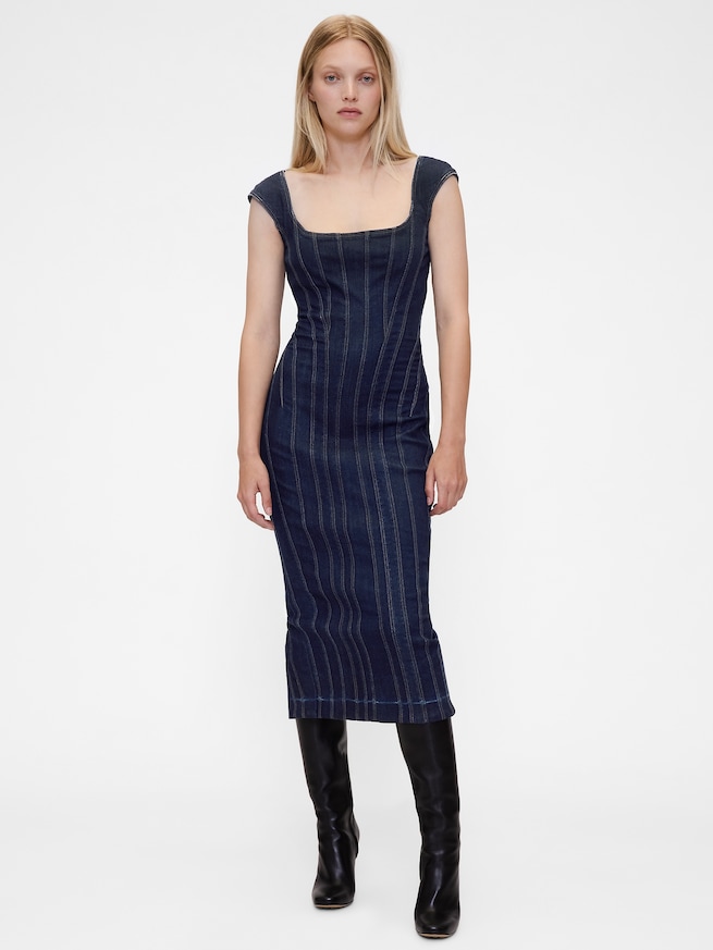 GapStudio シーム デニム キャップスリーブ ミディドレス-0