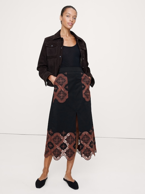 Embroidered Corduroy Midi Skirt